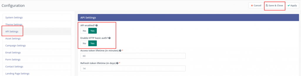 mautic configuration api settings