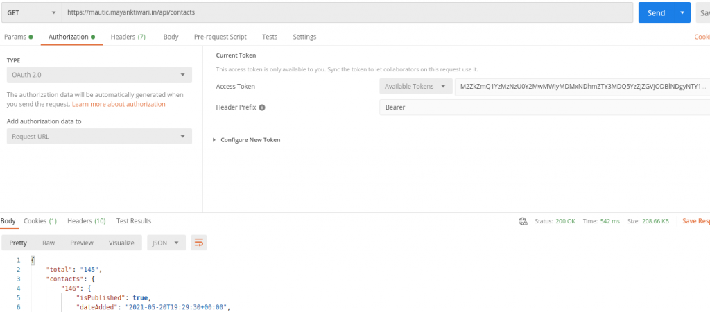 mautic request example with oauth2